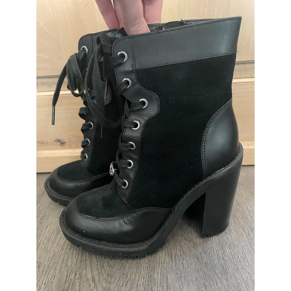 Coach Black Leather Suede Lace Up Block Heel Combat Boots Womens 5B - Picture 4 of 7